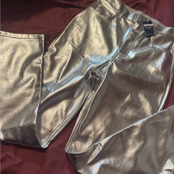 ABERCROMBIE & FITCH Silver Metallic Pants- 90s straight, high rise, curve love! - Picture 1 of 9